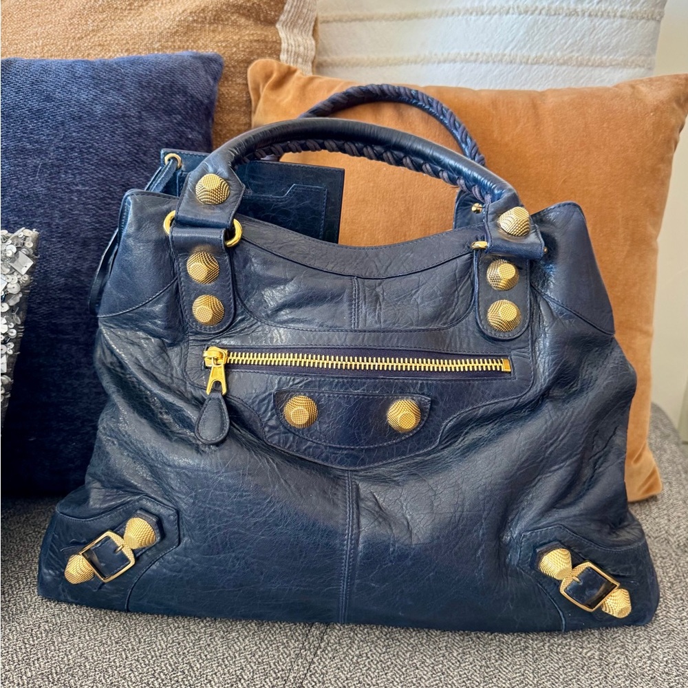 Vintage Balenciaga Marine Blue Leather Giant 21 Gold Brief Bag